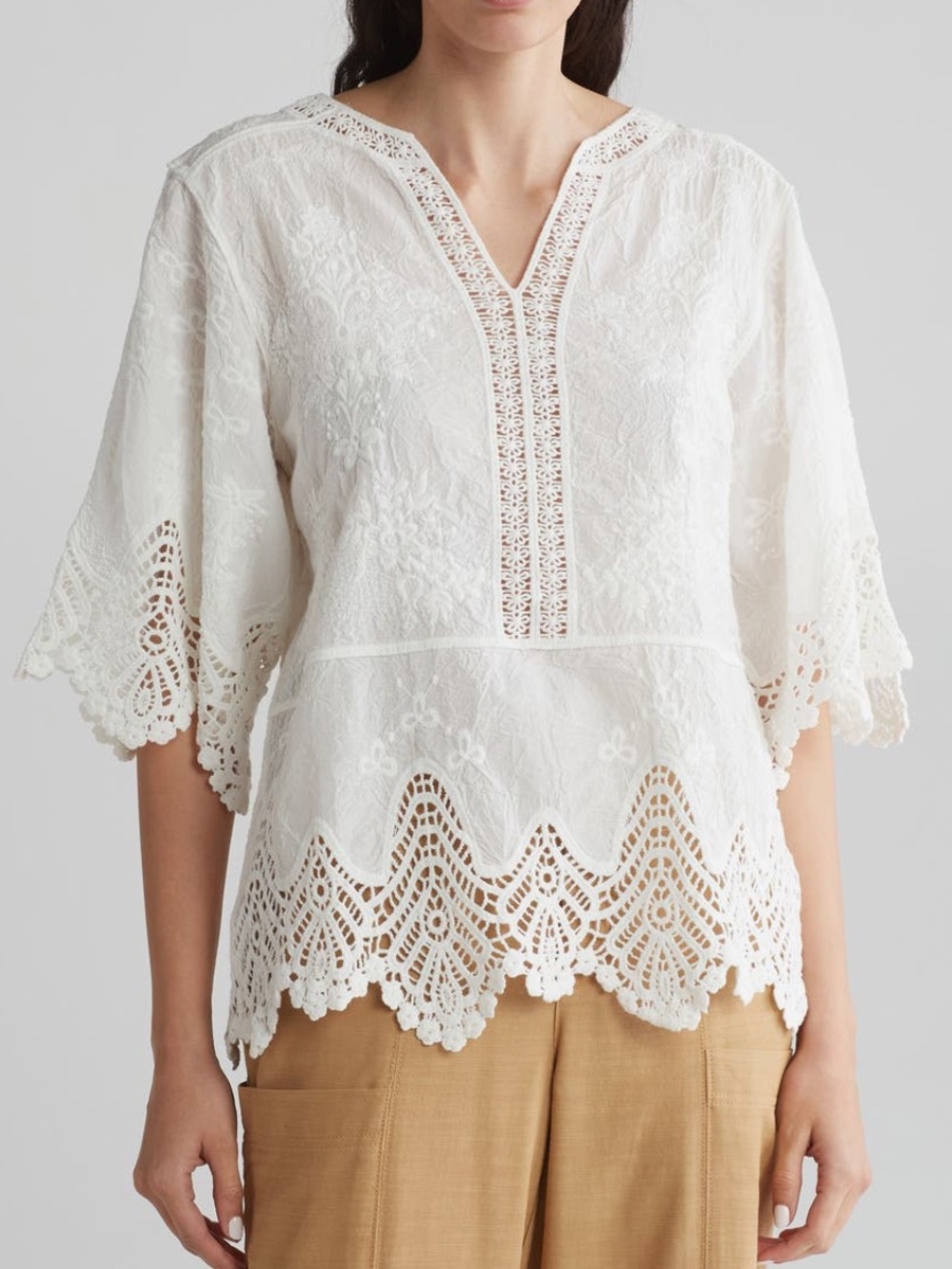 Democracy White Crochet Lace Split-Neck Top